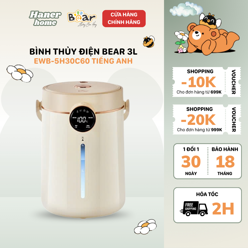 Bình Thủy Điện Bear 3L Đun Sôi Khử Clo Siêu Nhanh Giữ Nhiệt Tiện Lợi Có Đèn Dịu Nhẹ EWB-5H30C60