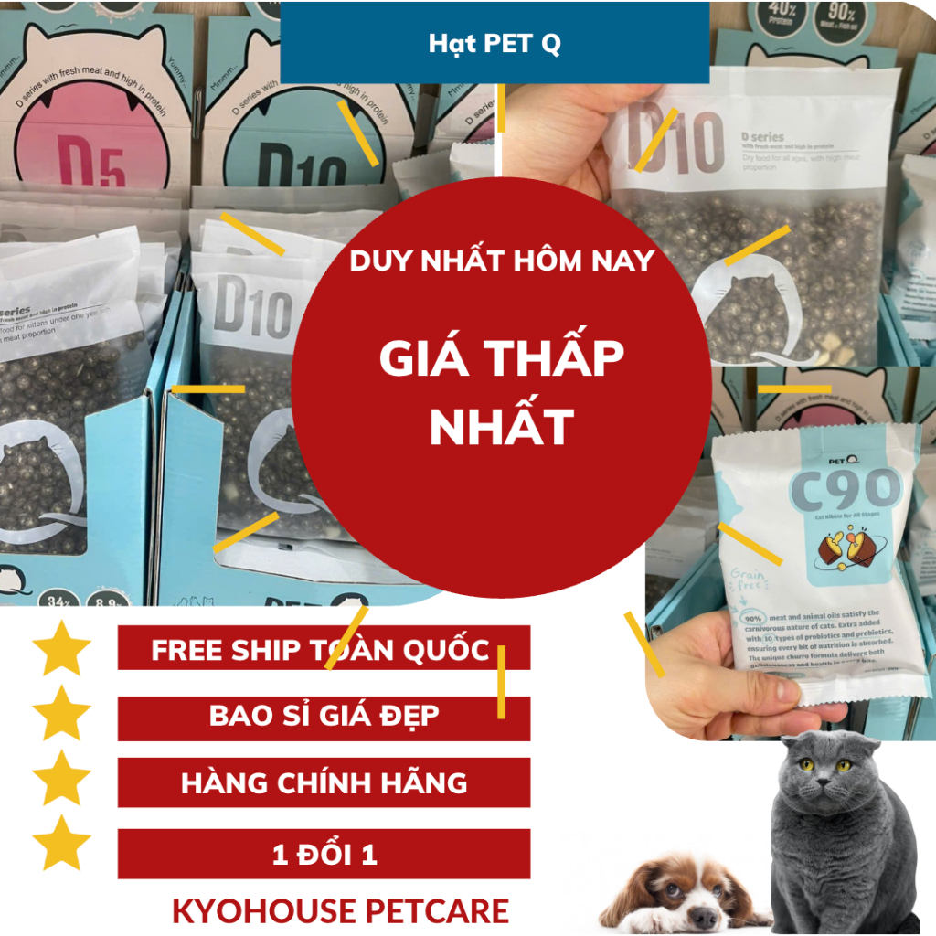 Hạt cho mèo PetQ, Hạt Macaron D10, hạt D5, hạt C90, Hạt C90K không độn ngũ cốc, hạt có nhân