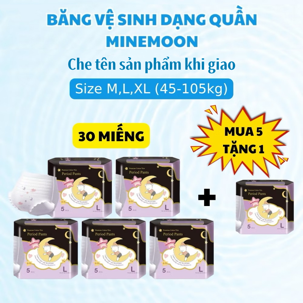 Mua 5 tặng 1 (30 miếng) Băng vệ sinh dạng quần Minemoon chống tràn ban đêm size S/M/L/XL từ 35-105kg