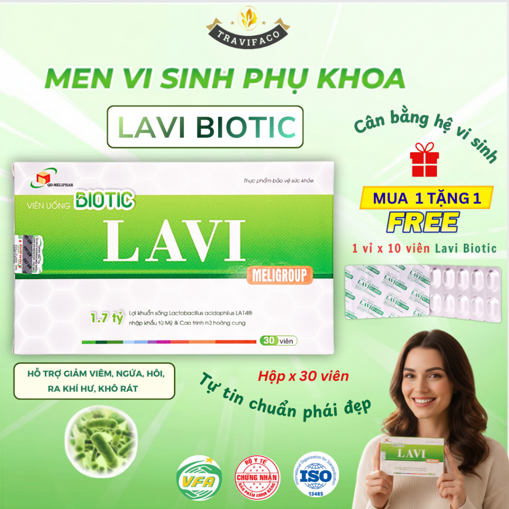 Men Vi Sinh Phụ Khoa, Viên Uống Vùng Kín Bổ Sung Lợi Khuẩn Lavi Biotic 30 Viên Kèm Quà Tặng