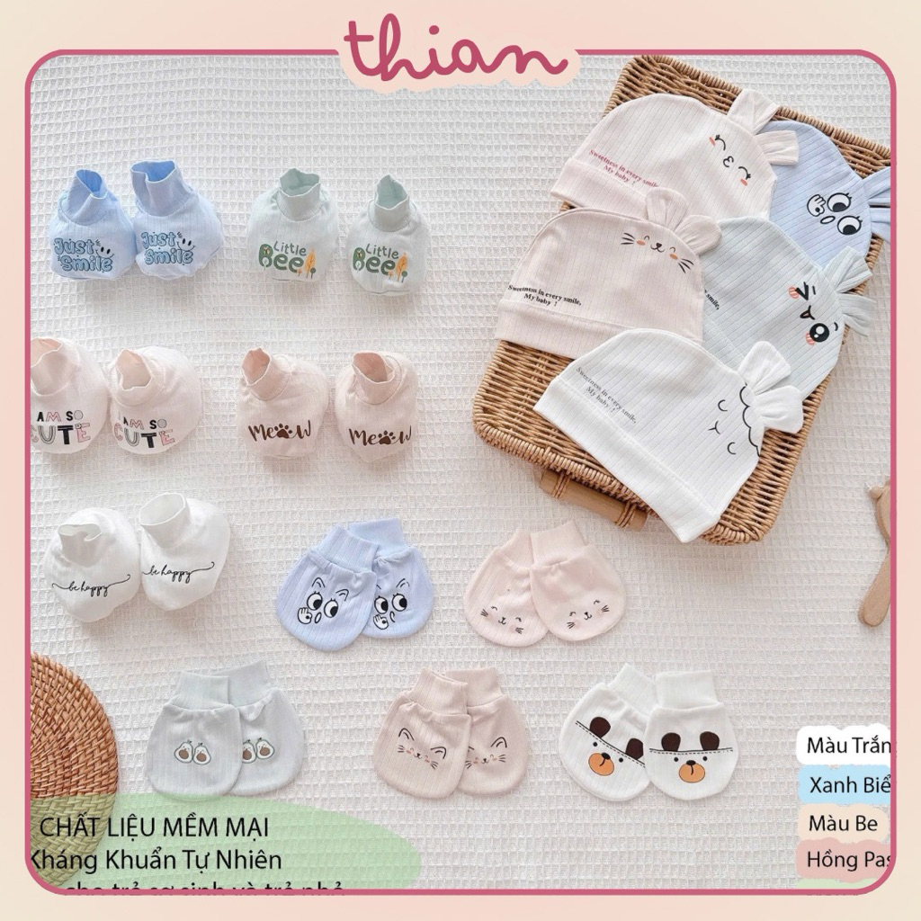 Set Mũ Bao Tay Bao Chân Sơ Sinh Dễ Thương Cho Bé, Bao Tay Vải Thông Hơi Mềm Mịn Cho Trẻ