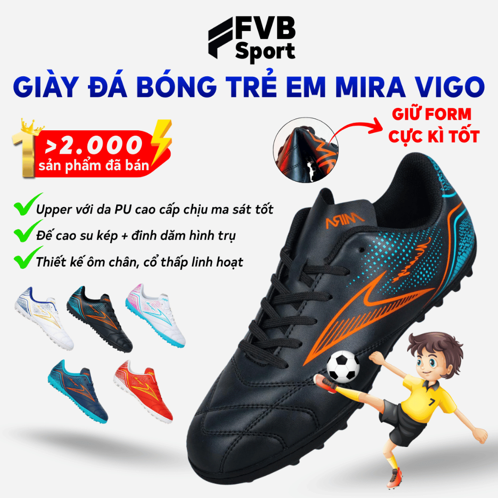 Giày Đá Bóng Trẻ Em. Giày Đá Banh Trẻ Em Sân Cỏ Nhân Tạo Mira Vigo Kid Chất Liệu Da PU, Đế TF Cao Cấp Mẫu Mới Nhất