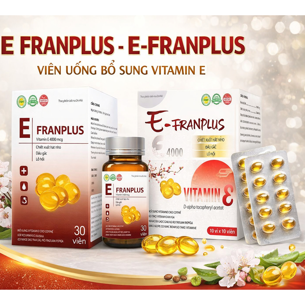 Viên uống vitamin E E-Franplus hộp 100 viên/30 viên mẫu mới (e fran plus đỏ vàng)