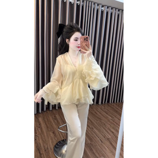 [𝐑𝐞̉ 𝐯𝐨̂ đ𝐢̣𝐜𝐡] Sét bộ tiểu thư bánh bèo chất voan tơ phối lụa latin (freesize 40-60kg)