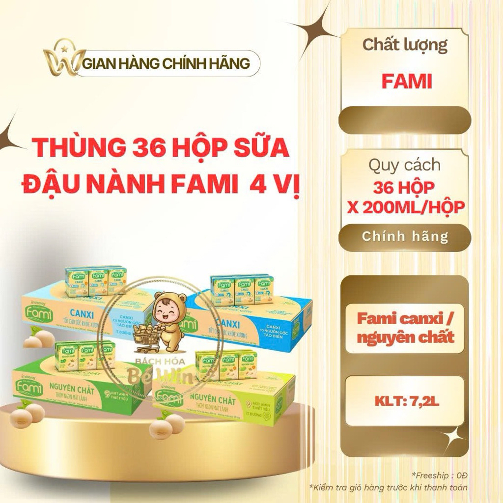Thùng 36 Hộp Sữa Đậu Nành Fami Nguyên Chất Có Đường/ Ít Đường Và Canxi Có Đường /Ít Đường