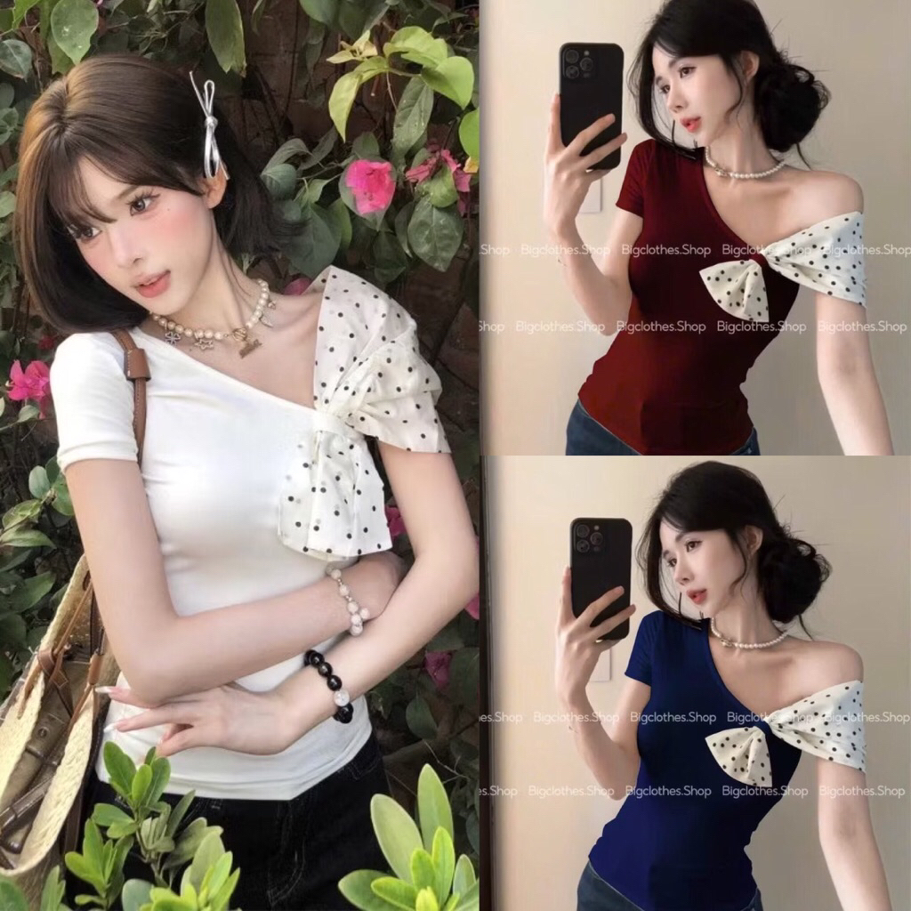 Áo tiểu thư lệch vai phối nơ chấm bi dịu dàng A184