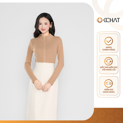 Áo Thun 𝐂𝐂𝐇𝐀𝐓 Dáng Ôm Luni Cổ Tàu Có Đệm Vai Chất Liệu Mềm Mại 15TDC2004OT