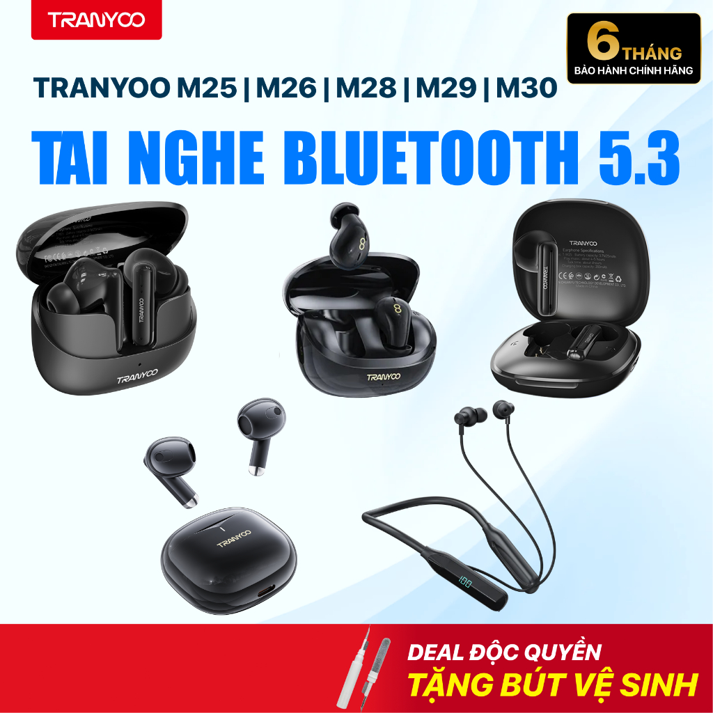 Tai Nghe Bluetooth 5.3 TRANYOO Thiết Kế Nhỏ Gọn Hiện Đại Chống Ồn 48dB Pin Trâu Đàm Thoại Tốt