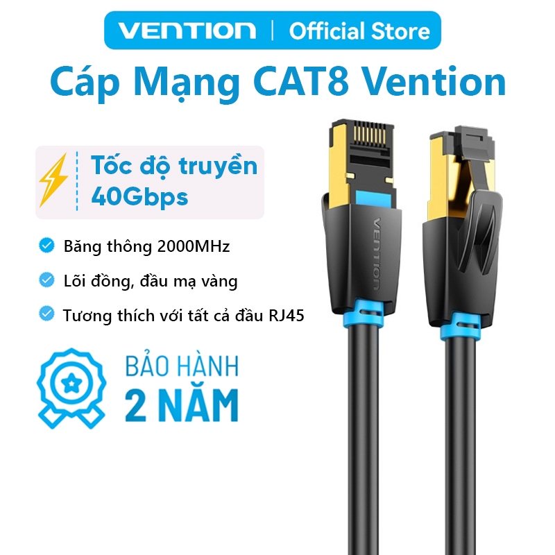 Cáp Mạng Vention CAT8, RJ45, Tốc Độ 40Gbps, Băng Thông 2000MHz, Chuẩn SFTP, Dùng Cho PS4, Game, Router, Máy Tính