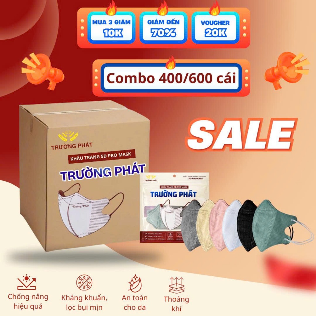 Thùng 600/400 cái khẩu trang 5D TRƯỜNG PHÁT chính hãng, kháng khuẩn, lọc bụi mịn, chống tia UV