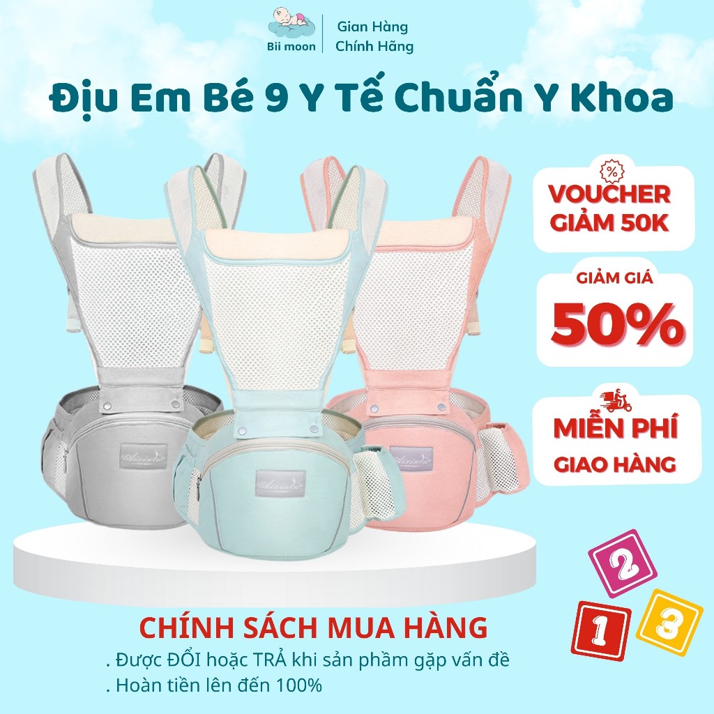 Địu Em Bé Bii Moon 9 Tư Thế, Địu Trợ Lực Thoáng Khí, An Toàn Chuẩn Chữ M Cho Bé