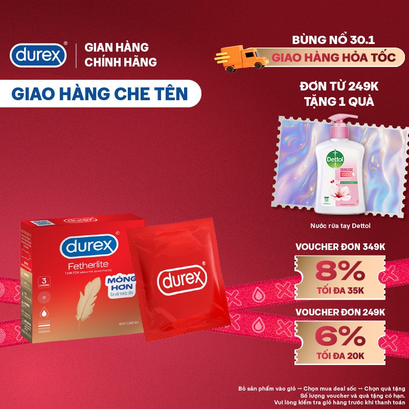 Bao cao su Durex Fetherlite siêu mỏng, size 52.5mm, 3 bao/hộp