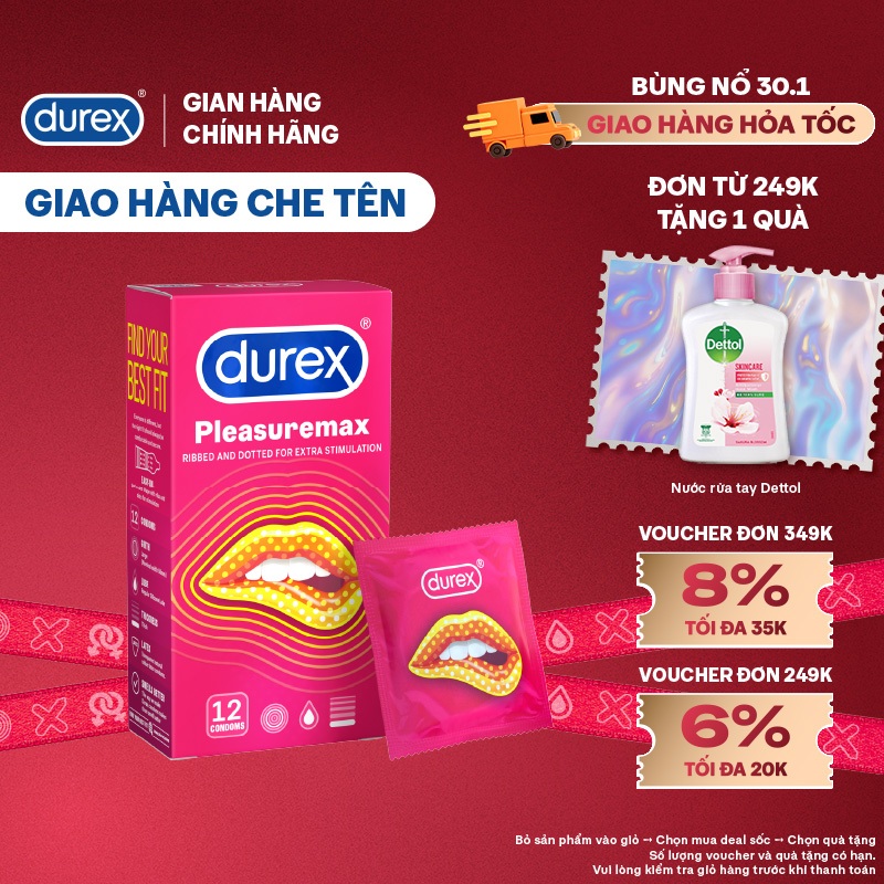 Bao cao su Durex Pleasuremax gân gai, size 56mm, 12 bao/hộp