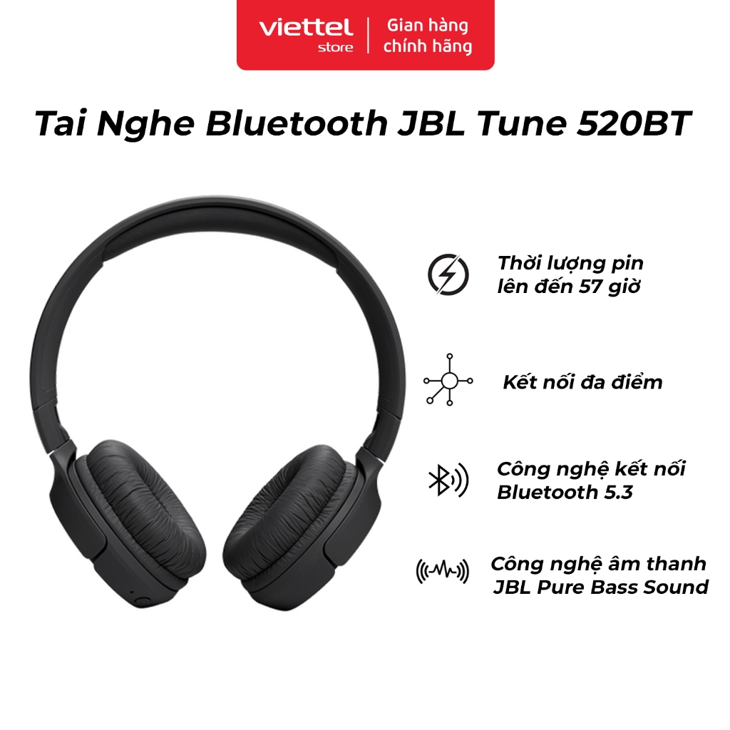 Tai Nghe Bluetooth JBL Tune 520BT | Công Nghệ Âm Thanh JBL Pure Bass Sound | Pin Lên Đến 57 Giờ