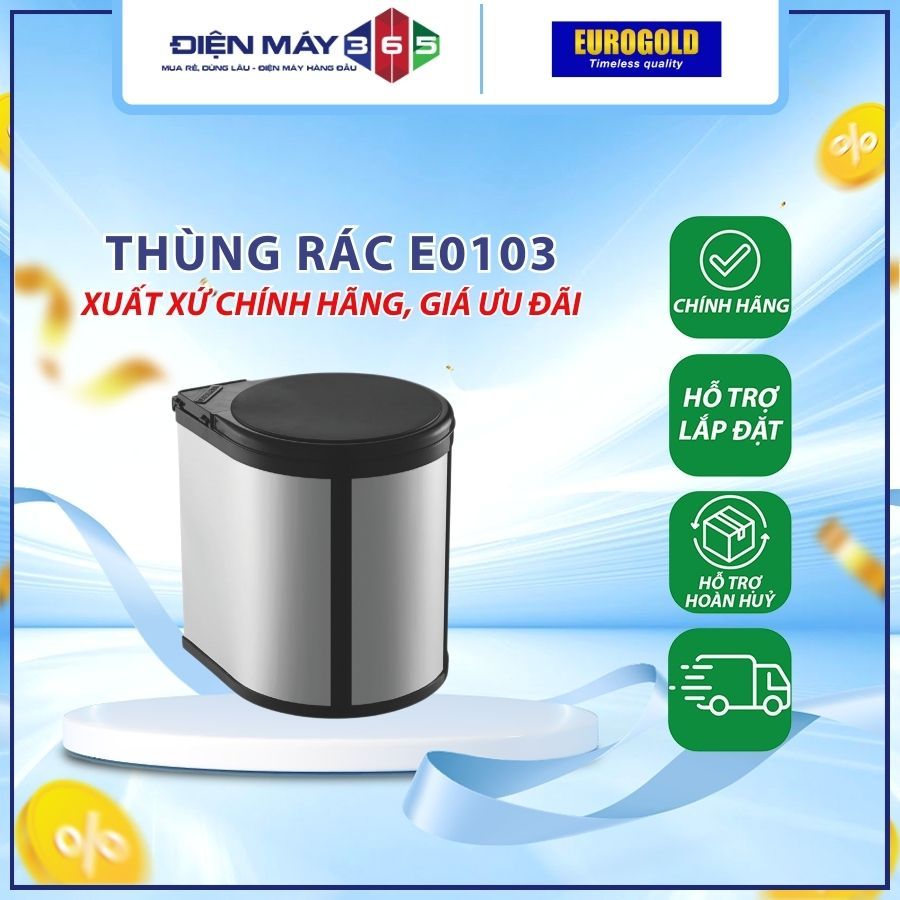 Thùng rác tròn gắn cánh Eurogold 14L màu đen E0103