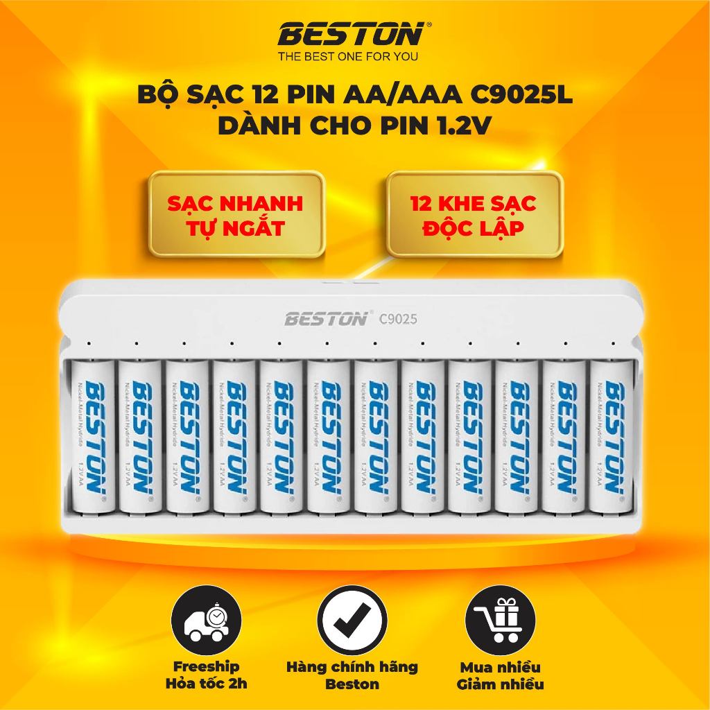 Bộ sạc pin Beston C9025L AA 1.2V 12 khe sạcm Led hiển thị sạc, có chip bảo vệ mạch