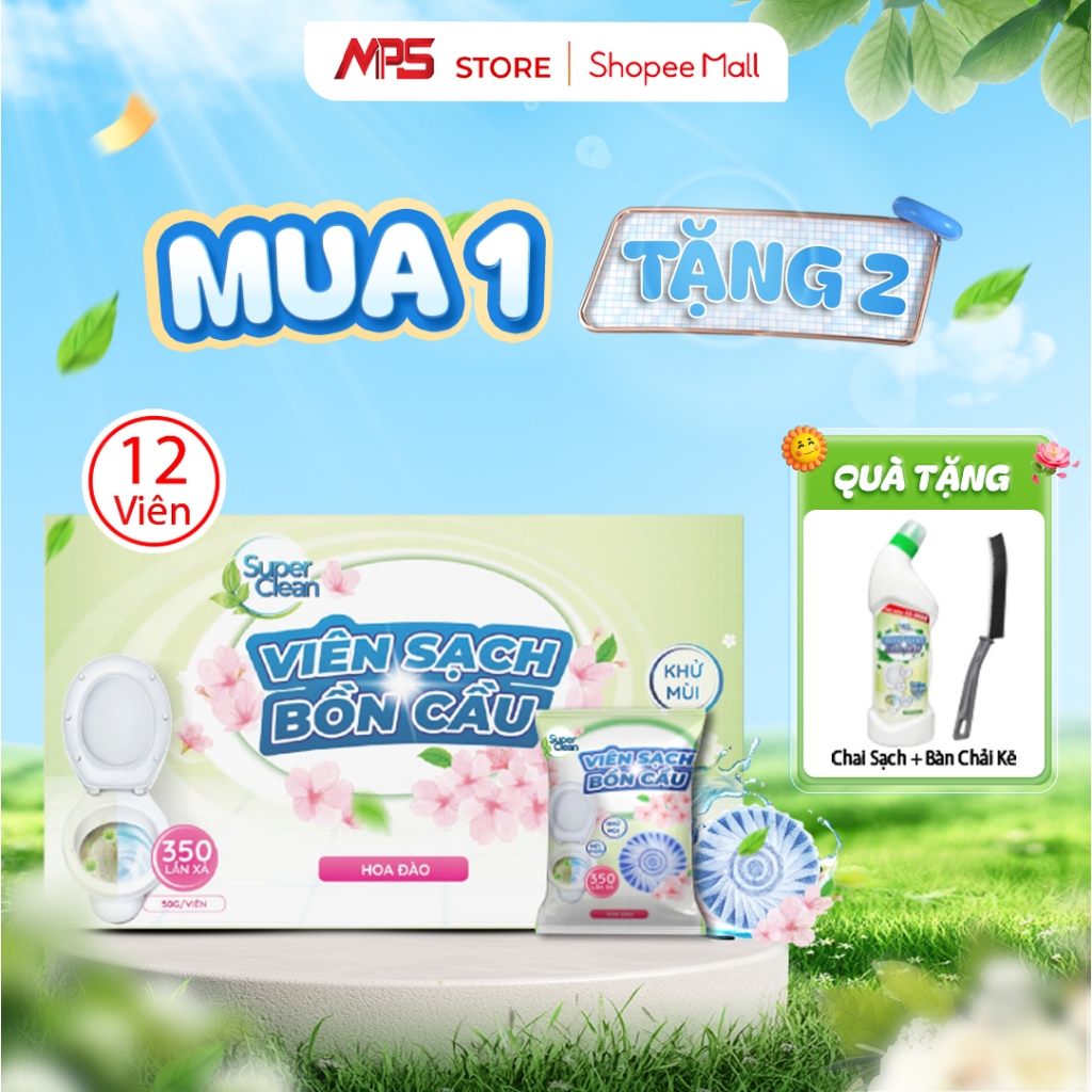 Combo 12 Viên Sạch Bồn Cầu Super Clean - Tặng 1 Chai Sạch Bồn Cầu Super Clean và 1 Bàn Chải Kẽ - mps