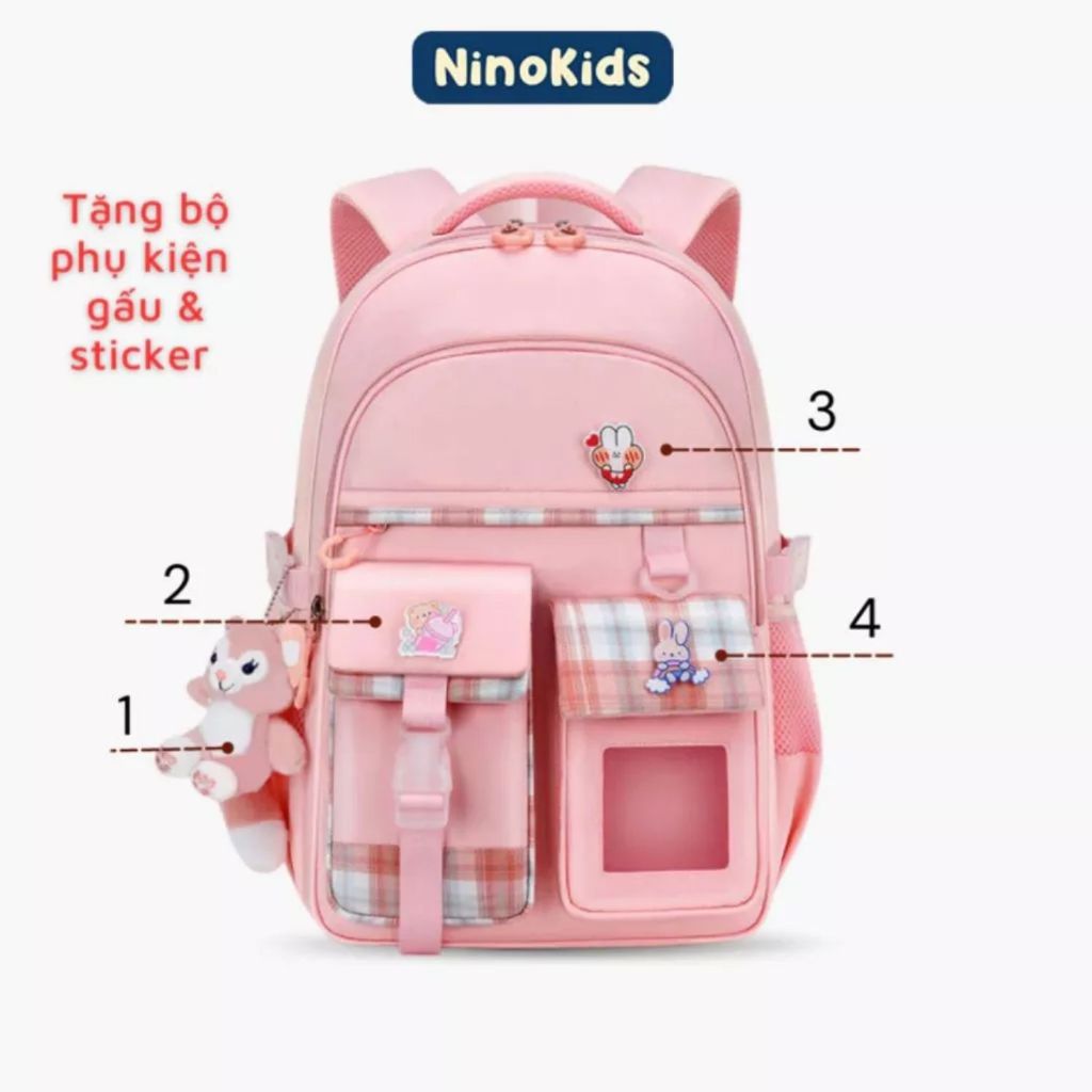 Balo cho bé gái từ lớp 1-7, gọn nhẹ, mềm mại và tặng phụ kiện gấu sticker đáng yêu, BLG4 NinoKids