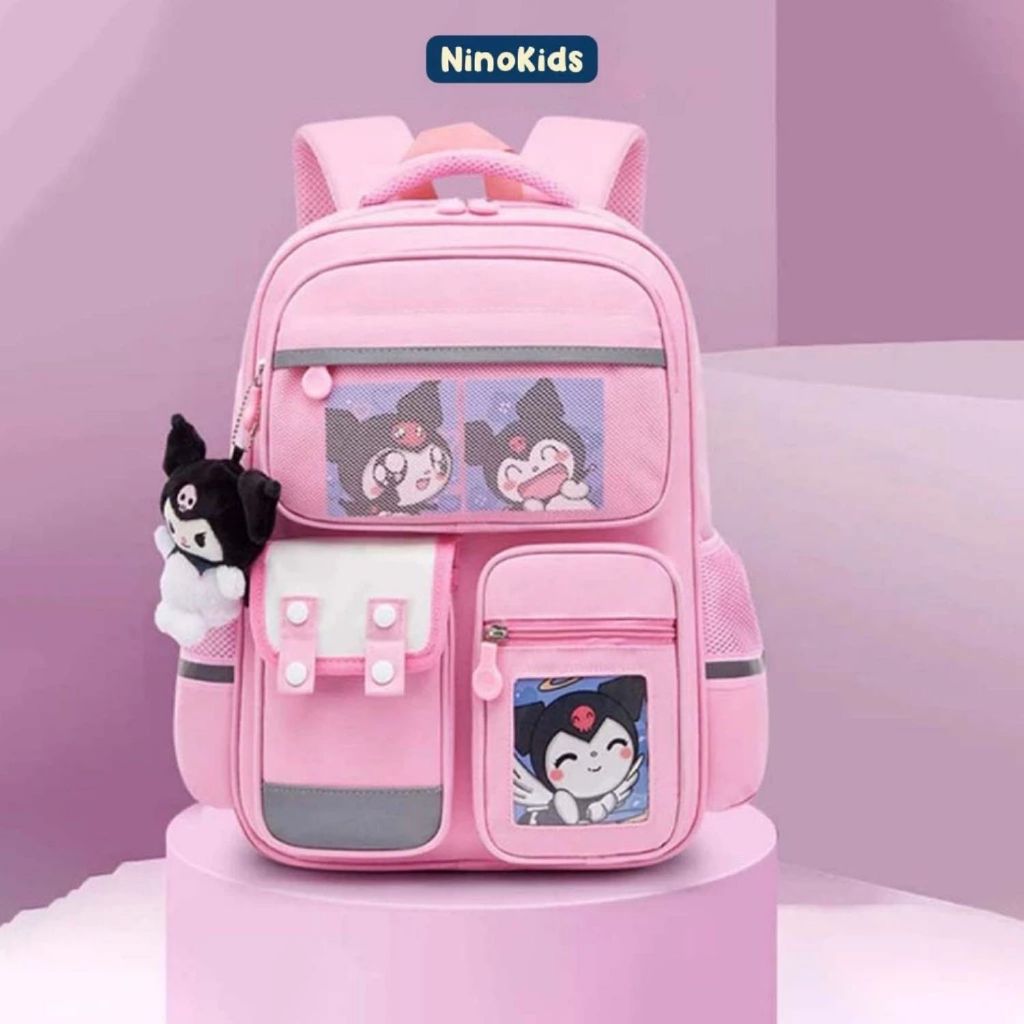 Balo đi học cho bé gái từ 1-6, tặng kèm gấu Kuromi đáng yêu, thiết kế ngăn chứa tiện lợi, BLG26 Nino
