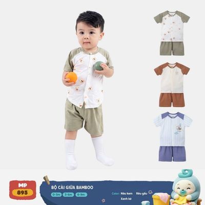 Bộ cộc tay sơ sinh Mompa 0-9 tháng vải Sợi tre bamboo mềm mại co giãn cài giữa 895