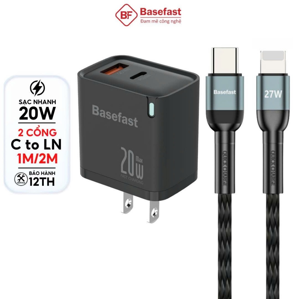 Combo Bộ sạc nhanh 20W 30W Basefast củ sạc 2 Cổng kèm dây dù siêu bền dùng cho Phone 11 12 13 14