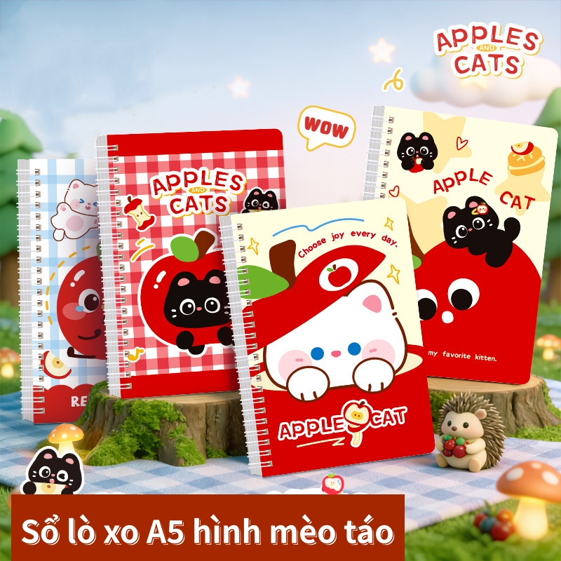[Bộ 4 Cuốn] Vở A5, Vở Lò Xo Apple Cat - Vở Kẻ Ngang, Vở Ghi Chép-quà Tết