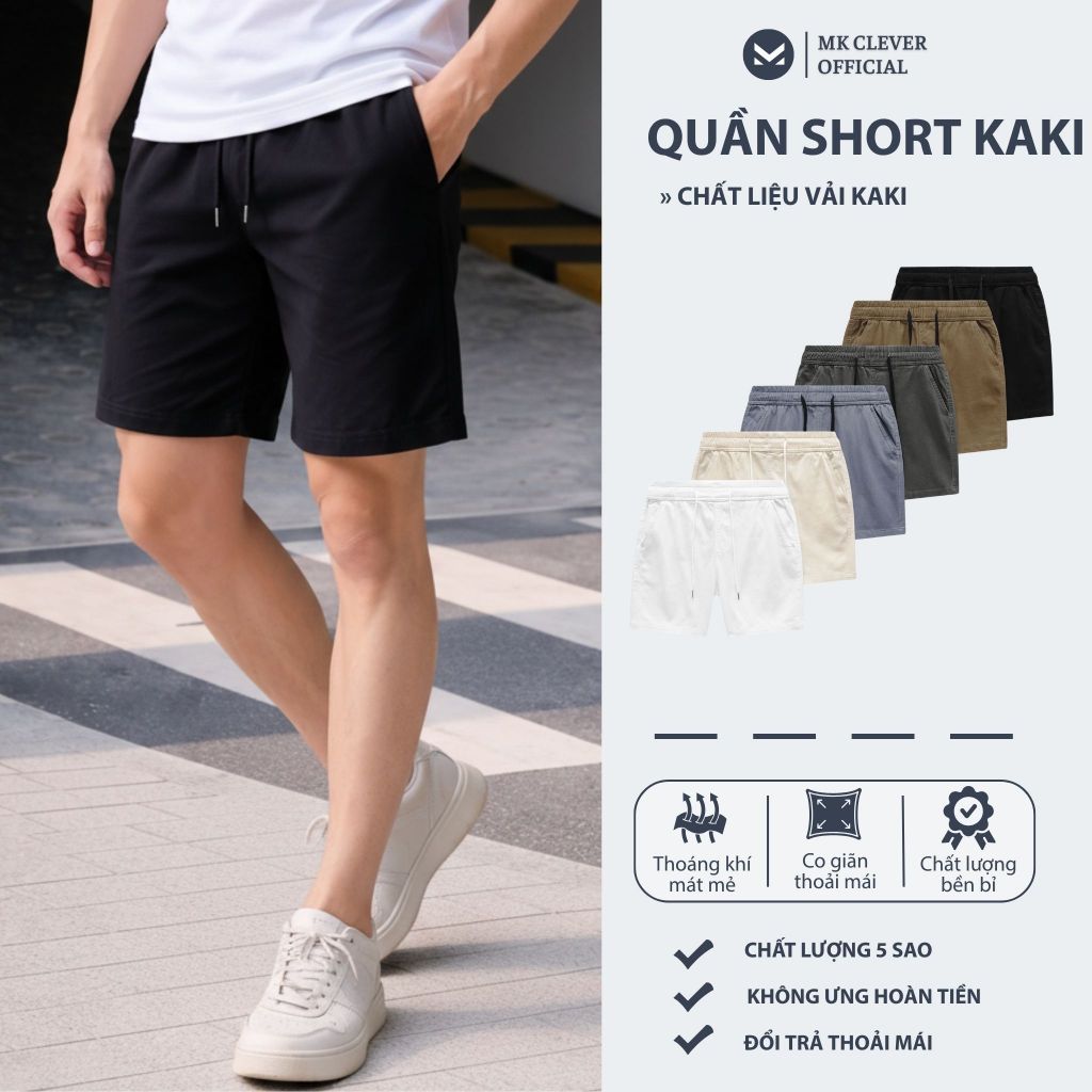 Quần Đùi Nam vải Kaki MK CLEVER cạp chun thoáng mát trẻ trung, form trên gối dễ mặc