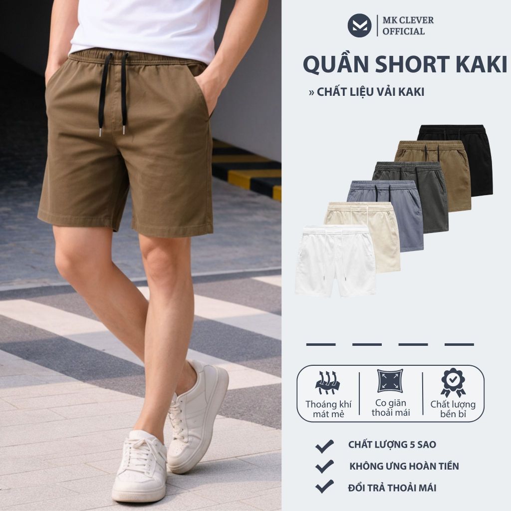 Quần short kaki basic MK CLEVER nam co giãn dầy dặn, cạp chun thoáng mát trẻ trung