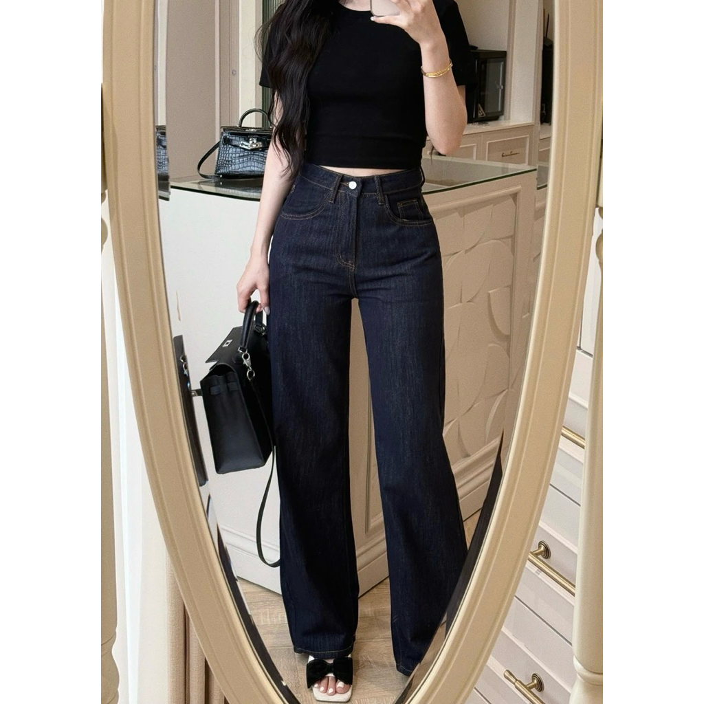 Quần suông đứng lưng cao denim navy chỉ bò ZR COBÉ | BigBuy360 - bigbuy360.vn