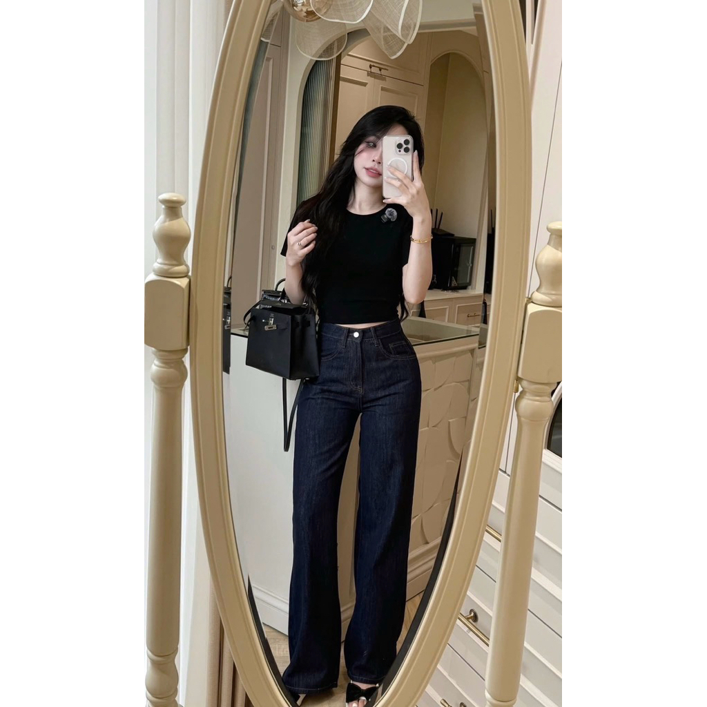 Quần suông đứng lưng cao denim navy chỉ bò ZR COBÉ | BigBuy360 - bigbuy360.vn