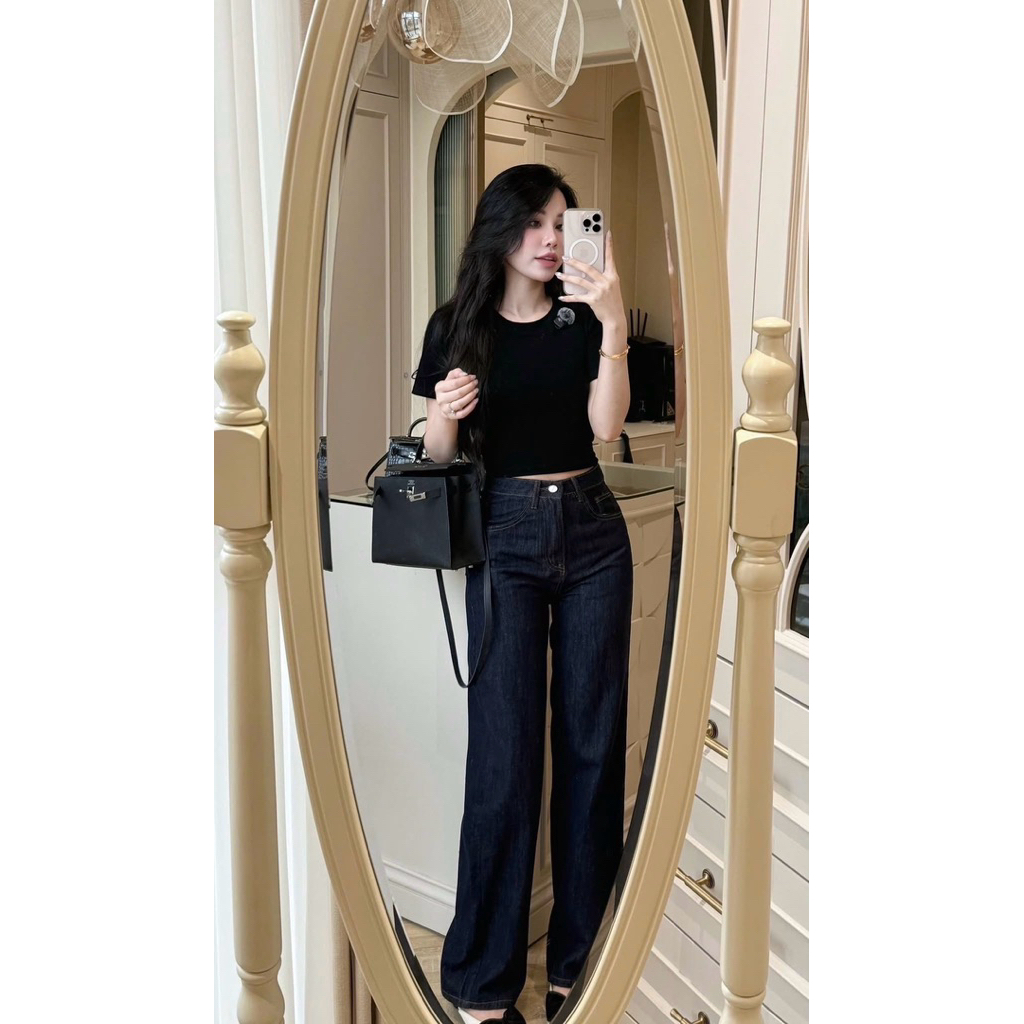 Quần suông đứng lưng cao denim navy chỉ bò ZR COBÉ | BigBuy360 - bigbuy360.vn