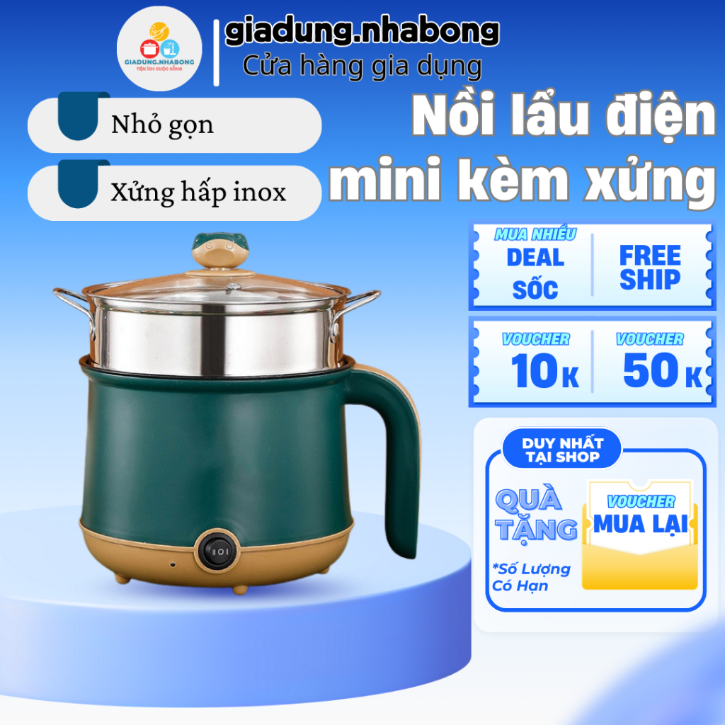 Nồi lẩu điện 1l8 đa năng có xửng hấp mini tiện dụng