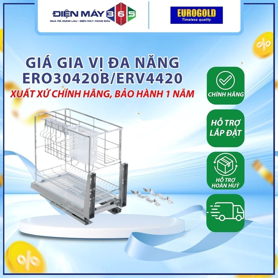 Giá gia vị nan vuông inox 304 ray giảm chấn ERV4420/ERV4425/ERV4430/ERV4435/ERV4440– Eurogold - DNH