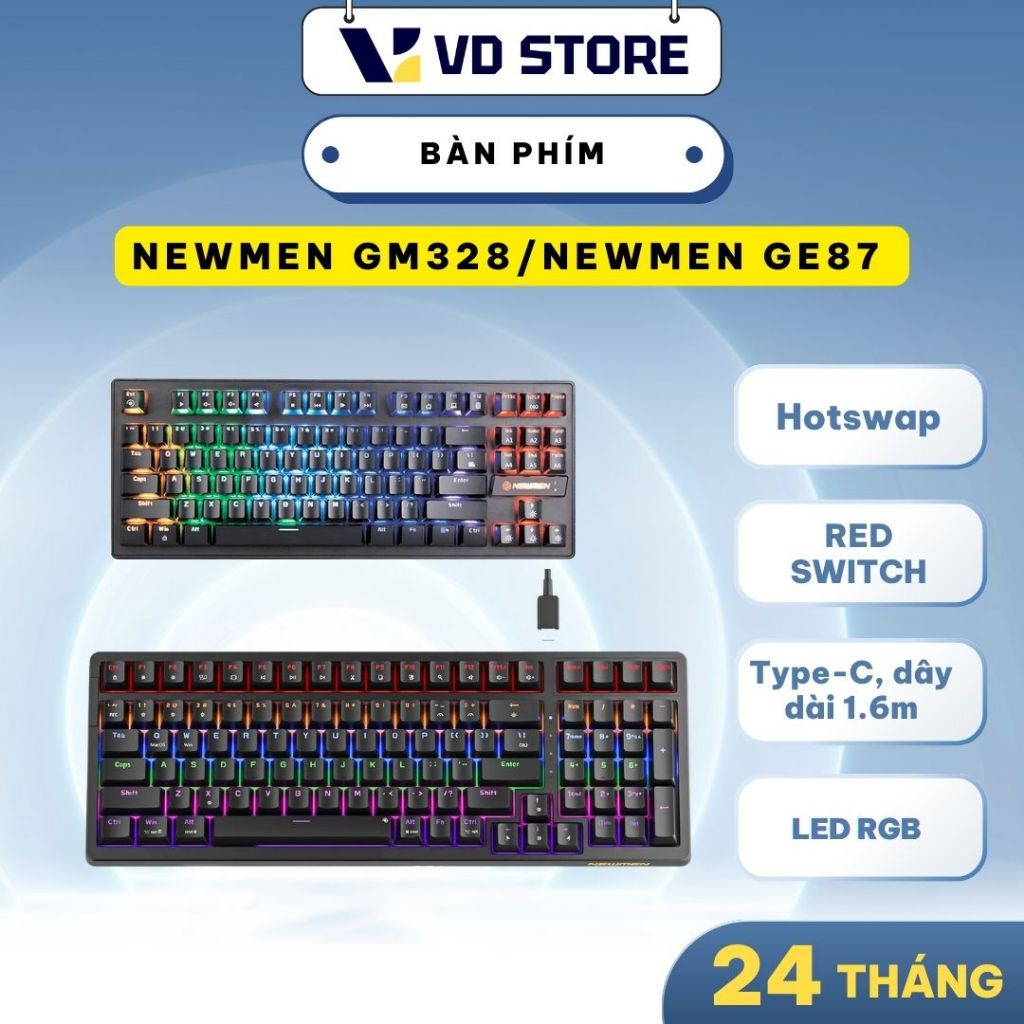 Bàn phím cơ Newmen GM328 Gasket, Hotswap, E-Sports, Black – Red Switch