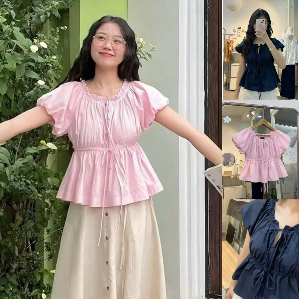 Áo form babydoll rút dây eo cột nơ phong cách Hàn Quốc TIMI SHOP DZ94