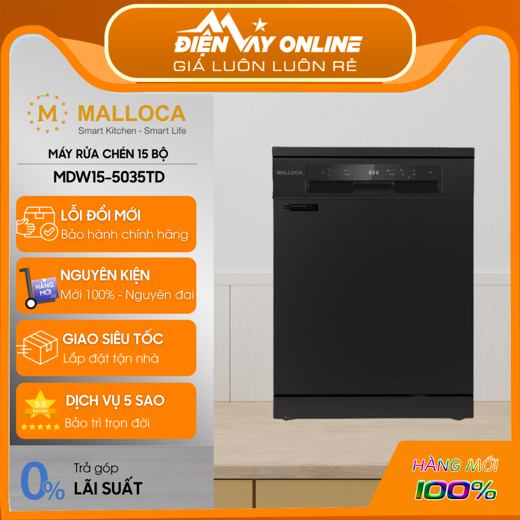[HỖ TRỢ LẮP ĐẶT] Máy Rửa Chén 15 bộ Malloca MDW15-5035TD - Độc Lập/ Âm Tủ - Năng lượng A+ - Bảo hành
