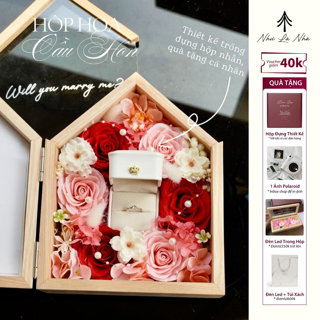 [Viết lời nhắn theo yêu cầu]Hộp hoa Cầu Hôn Home Bloom Như Là Nhà Bloom Box chất liệu gỗ tự nhiên (đ