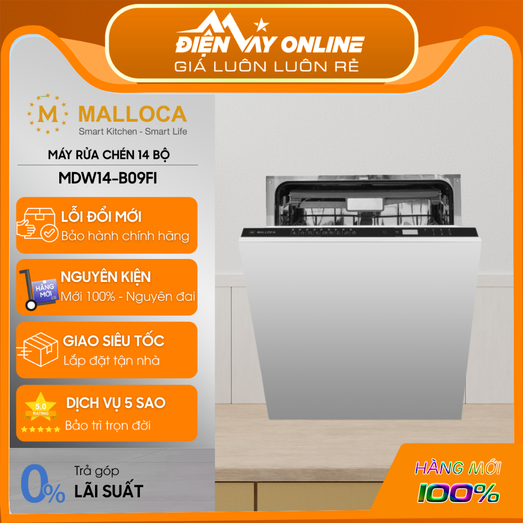 [HỖ TRỢ LẮP ĐẶT] Máy Rửa Bát 14 Bộ Malloca MDW14-B09FI -Tự động hé cửa - Xuất Xứ Thổ Nhĩ Kỳ - Bảo hà