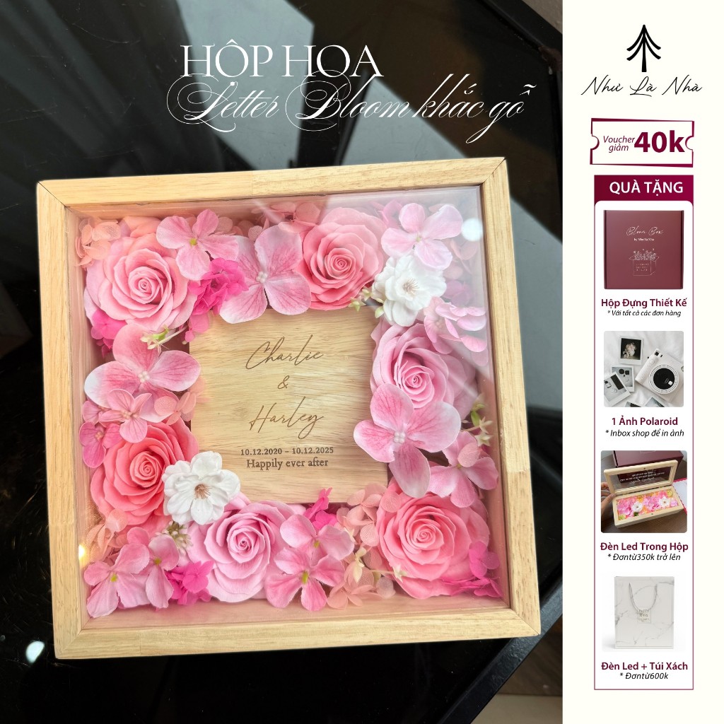 [Khắc lời nhắn theo yêu cầu] Hộp Hoa Letter Bloom Khắc Gỗ - Hộp Hoa Hình Vuông Lưu Giữ Yêu Thương | 