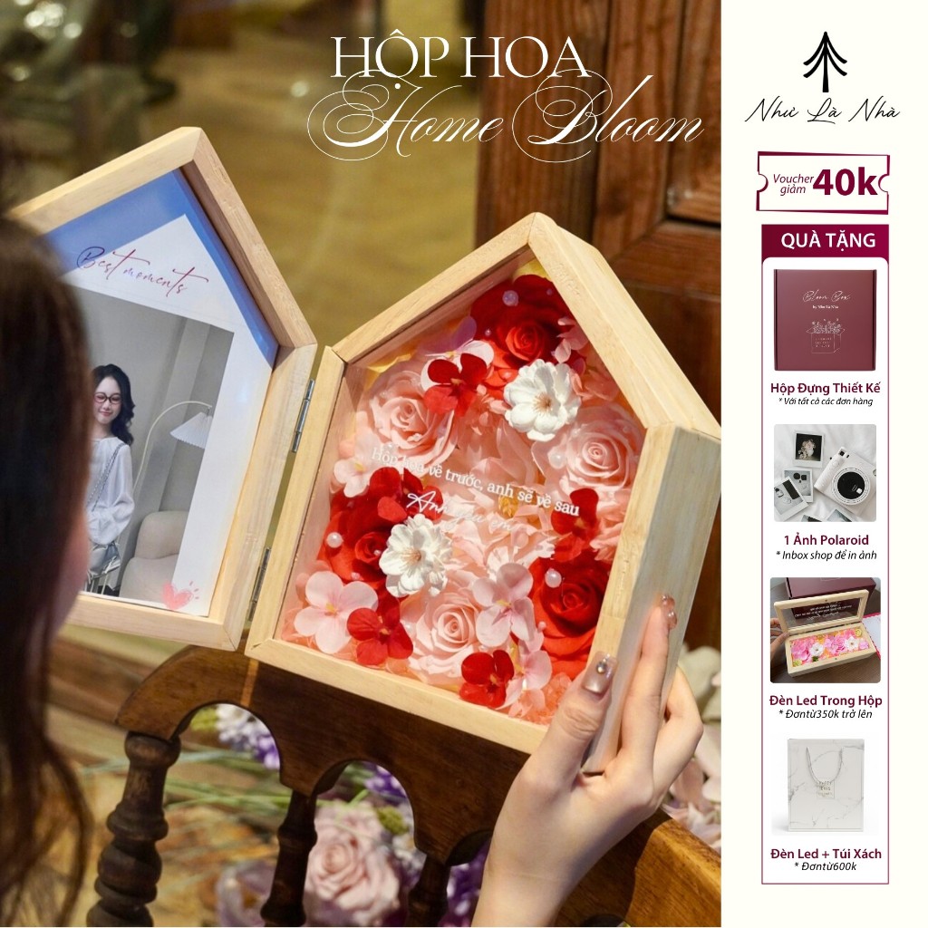 [Viết lời nhắn theo yêu cầu] Hộp hoa quà tặng Home Bloom Như Là Nhà Bloom Box chất liệu gỗ tự nhiên