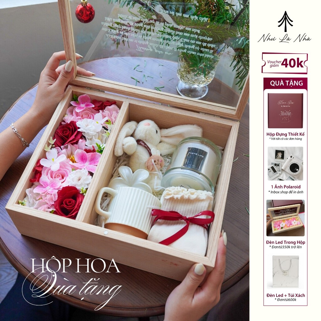 Hộp Qùa Gỗ Kem Nhiều Phụ kiện Xinh Kèm Lời Nhắn Yêu Thương | Như Là Nhà Bloom Box