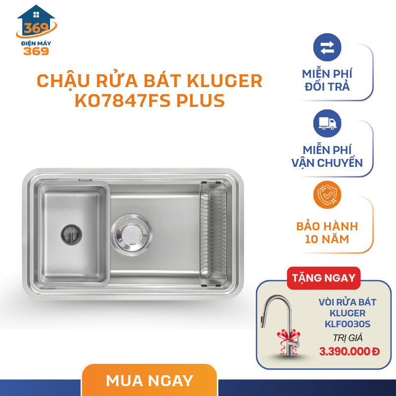 Chậu Rửa Bát Kluger KO7847FS Plus – Thép Không Gỉ 304 – Chống Trầy Xước – Dễ Vệ Sinh – SMC