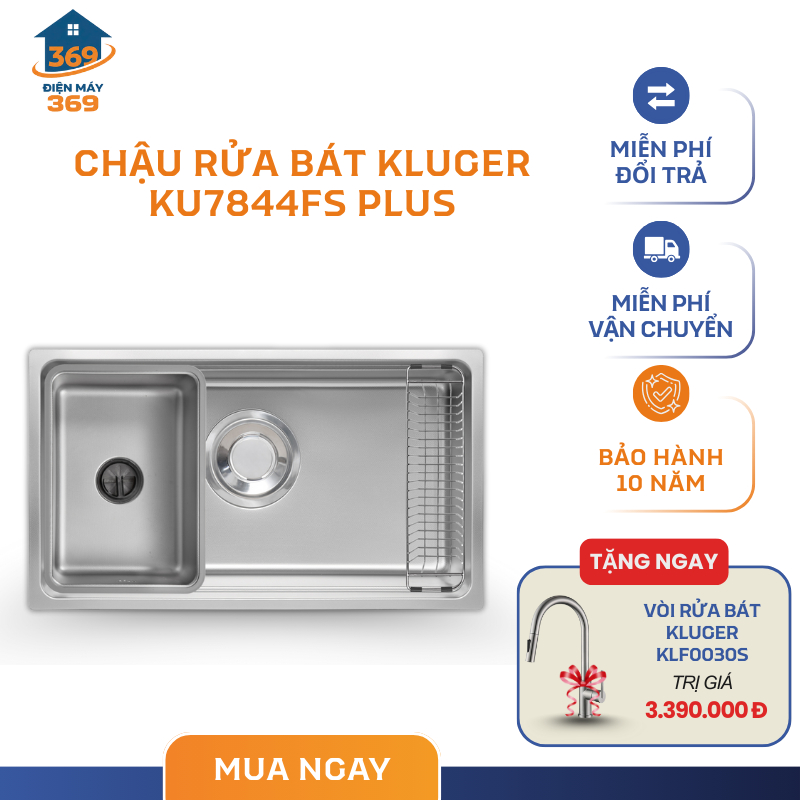 Chậu Rửa Bát 1 Hố Kluger KU7844FS Plus - Ép Khuôn Liền Khối - Phủ Nano Ceramic - SMC