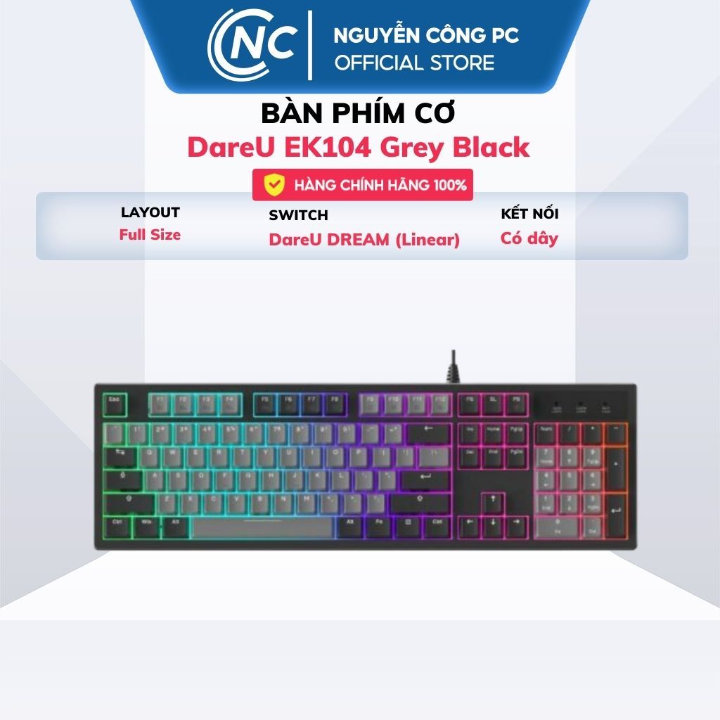 Bàn Phím Cơ DareU EK104 Grey Black (Multi-Led, PBT Double Shot OEM Profile, DareU Dream Switch) - BH