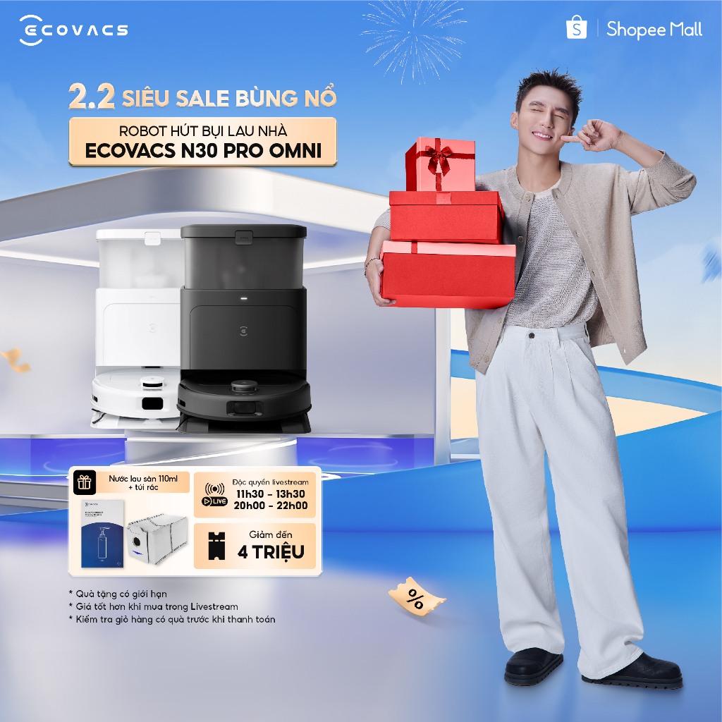 Robot hút bụi lau nhà Ecovacs Deebot N30 Pro Omni 2025 - Lực hút siêu mạnh 10.000Pa - Trạm sạc OMNI