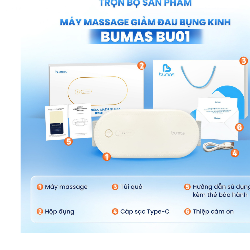 Máy Massage Chườm Nóng Giảm Đau Bụng Kinh BUMAS BU01 - Đai massage bụng lưng - Quà Tặng Bạn Gái