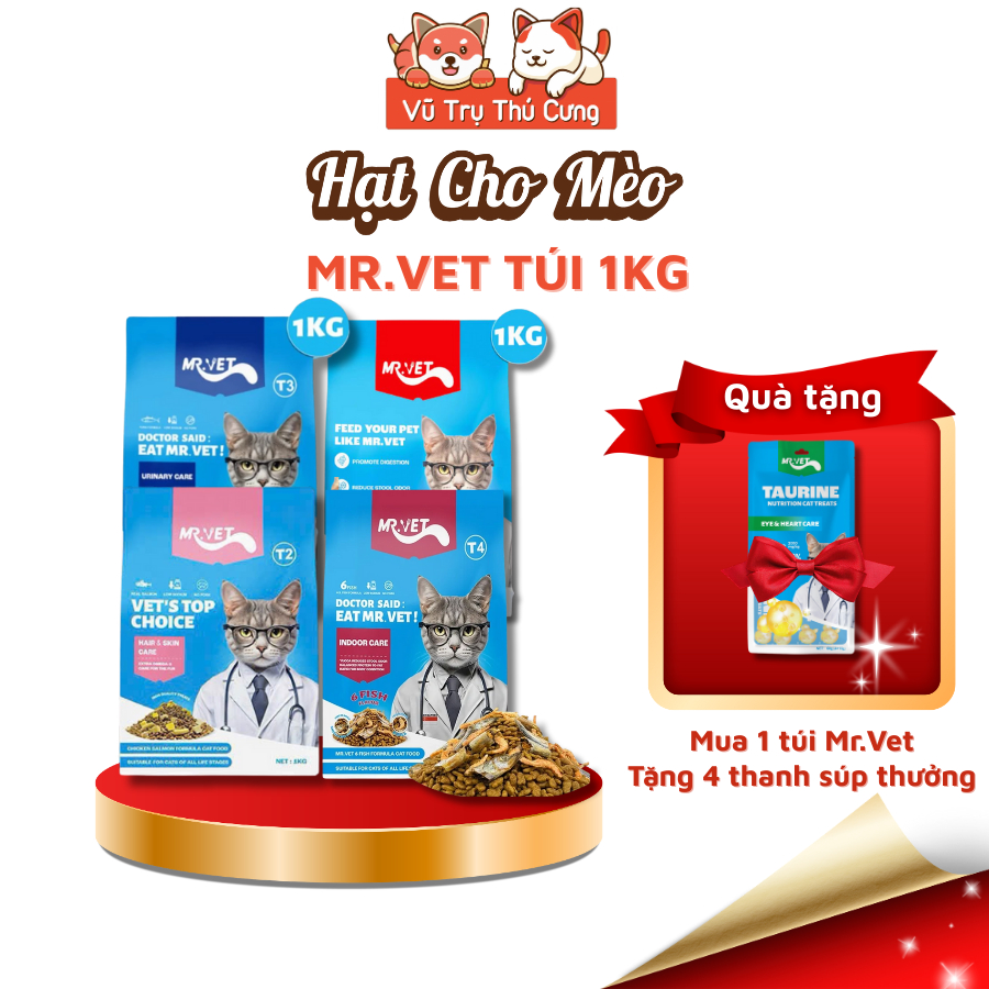 (Mua 1 Tặng 4) Thức Ăn Cho Mèo MRVET 1KG Dạng Hạt Giàu Đạm, Có Topping Thịt Sấy-Dành cho Mèo Mọi Lứa Tuổi