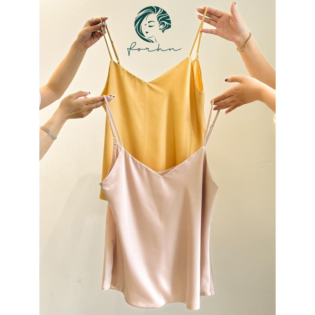 Áo hai dây lụa satin cổ tim màu be, vàng | EDNA TIM FORHN