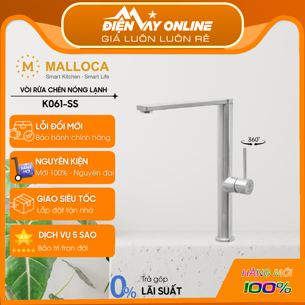 [FREESHIP HCM] Vòi Rửa Chén Inox Malloca K061-SS - 2 Nguồn Nước Nóng Lạnh - Hỗ Trợ Lắp Đặt