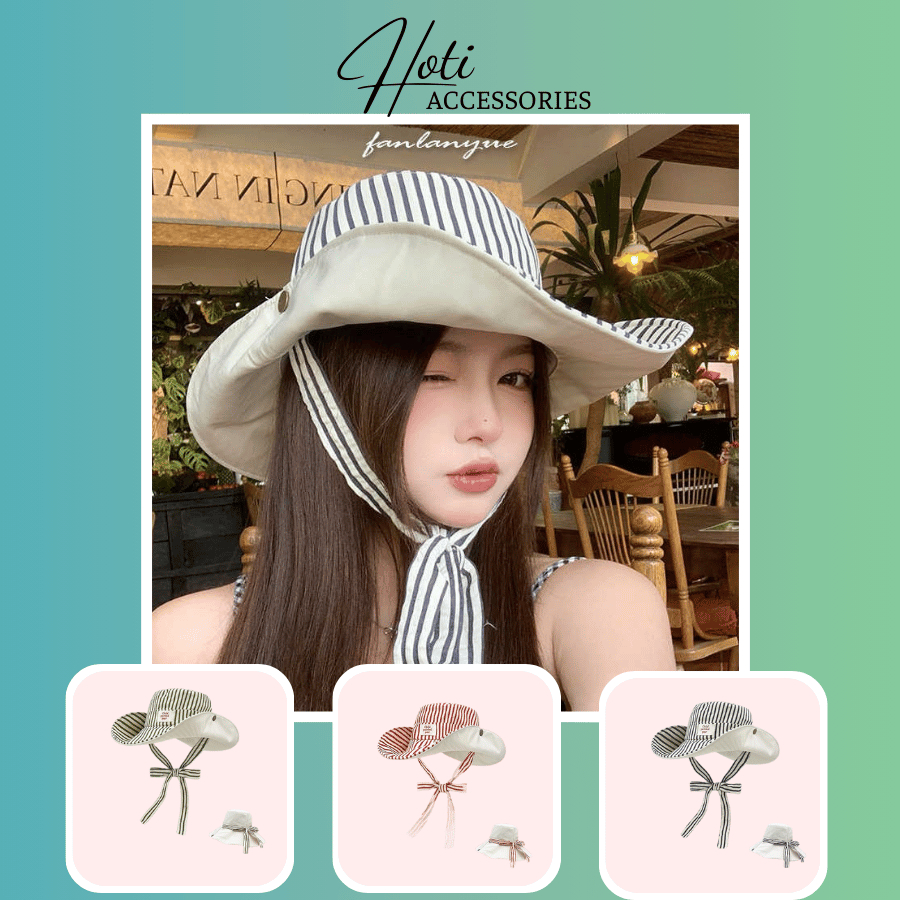 Nón Vải Thời Trang Nữ Phối Sọc Có Thể Mang 2 Chiều Phù Hợp Làm Phụ Kiện Đi Chụp Ảnh, Đi Chơi - HOTI 